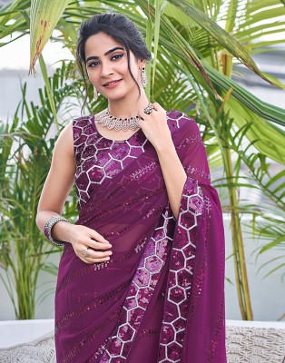 Samah Dyed, Embroidered, Embellished Bollywood Chiffon, Georgette Saree(Purple)