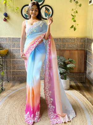 Sareemall Embellished Bollywood Georgette Saree(Light Blue)