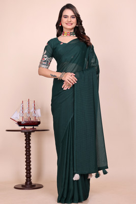 niesha fashion Embroidered, Solid/Plain Bollywood Chiffon Saree(Dark Green)