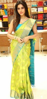 SHOPDROP Woven Kanjivaram Pure Silk Saree(Yellow)