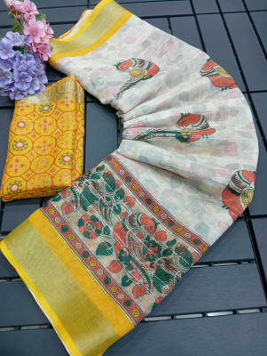 ASHTA Floral Print Kanjivaram Linen Saree(White)