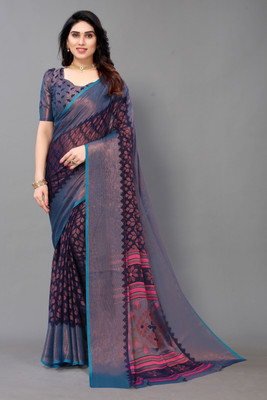 Winza Designer Geometric Print Daily Wear Chiffon, Brasso Saree(Dark Blue)