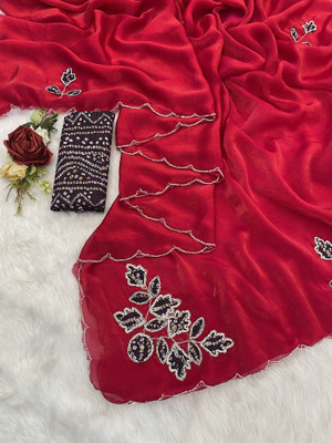 LAJEELEE Embroidered Bollywood Chiffon Saree(Red)