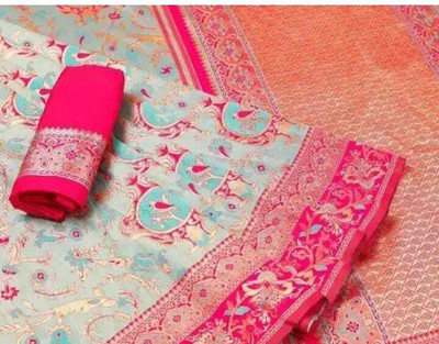 het designer studio Floral Print, Embroidered, Woven, Self Design Banarasi Jacquard, Art Silk Saree(Light Green, Pink)