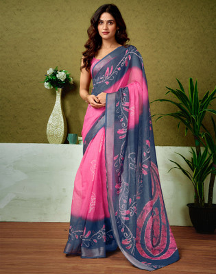 Satrani Digital Print, Floral Print, Printed Bollywood Linen Saree(Blue, Pink)