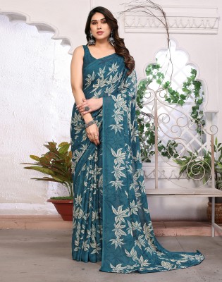 Divastri Floral Print, Printed Daily Wear Georgette Saree(Blue, Cream)