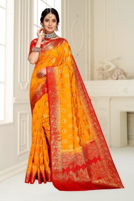 SPOTXY Self Design, Paisley, Woven Banarasi Pure Silk, Cotton Silk Saree(Mustard)
