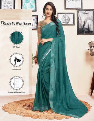 Satrani Solid/Plain Jamdani Pure Cotton Saree(Blue)