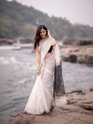 brother fashion Floral Print Bollywood Cotton Linen Saree(Black, White)