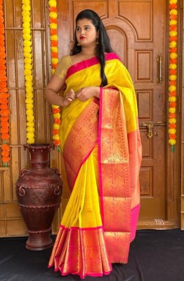 shopzoo trend Self Design, Embellished, Striped Banarasi Cotton Silk, Jacquard Saree(Yellow)