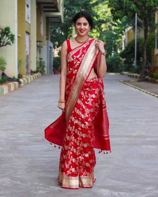 Varda Floral Print, Woven, Self Design Banarasi Art Silk Saree(Red)