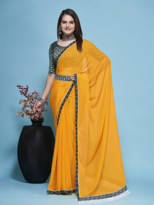 Gold Art Fashion Embroidered Bollywood Chiffon Saree(Yellow)