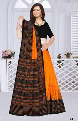 HouseOfCommon Printed Sambalpuri Pure Cotton Saree(Orange)