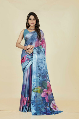 SHILPKALA Floral Print Handloom Chiffon Saree(Blue)