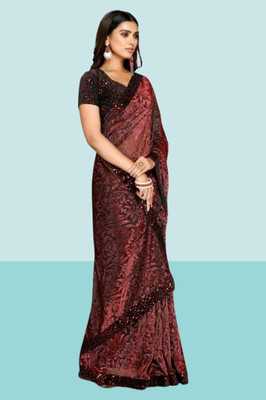 Online Bazaaar Floral Print Bollywood Lycra Blend Saree(Maroon)