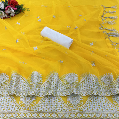 Mokshicreation Embroidered Daily Wear Net Saree(Yellow)