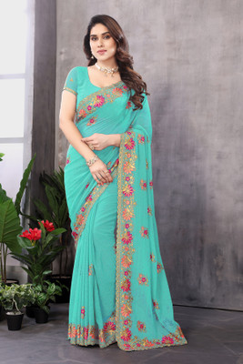 KHRITI FAB Embroidered Bollywood Georgette Saree(Light Blue)