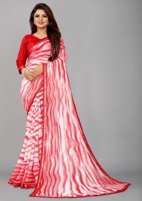 For And Ever Printed Leheria Georgette, Chiffon Saree(Red)