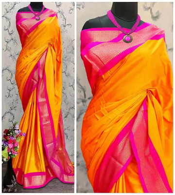 VEERAETHNIC Woven Paithani Cotton Silk Saree(Yellow, Pink)