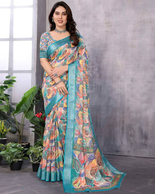 HouseOfCommon Digital Print Daily Wear Cotton Linen Saree(Multicolor)