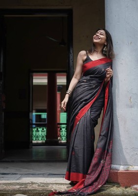 KRIYANSH Self Design, Woven, Applique, Printed, Temple Border, Striped Kanjivaram Jacquard, Cotton Blend Saree(Black)