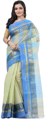 Moumitasaree Self Design, Solid/Plain Tant Pure Cotton Saree(Cream, Light Blue)