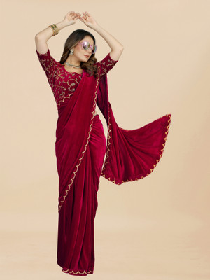 Apnisha Solid/Plain Bollywood Velvet Saree(Maroon)