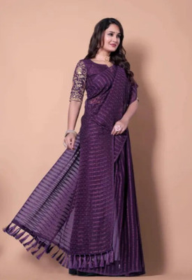 JASHALFAB Solid/Plain, Embellished Bollywood Chiffon Saree(Purple)