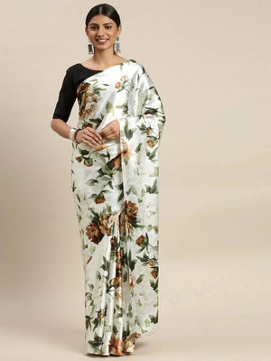Fabian Fashion Floral Print, Digital Print Bollywood Satin Saree(White, Black)