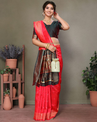 YASHIKA Printed, Self Design Banarasi Cotton Silk, Jacquard Saree(Red)