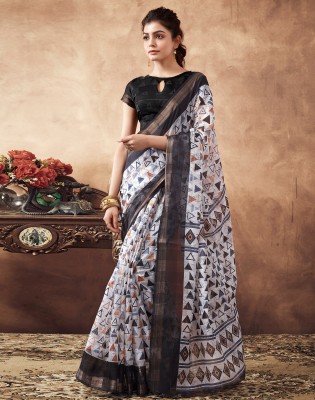 Samah Geometric Print, Embellished Daily Wear Cotton Blend Saree(White, Black)