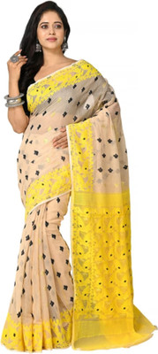 Revival Woven Jamdani Cotton Blend Saree(Beige, Yellow)