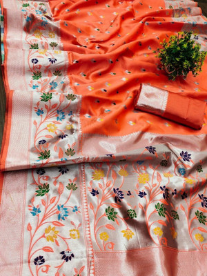 hkCreation Woven Paithani Polyester Saree(Orange)