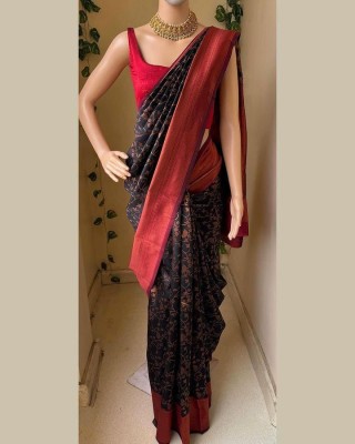 Zenophily Woven Kanjivaram Pure Silk Saree(Black, Red)