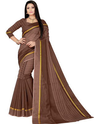 Guru Alankar Striped Bollywood Cotton Blend, Cotton Linen Saree(Brown)