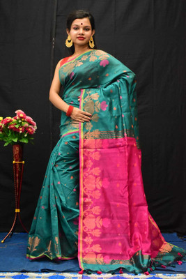 AMIT STORE Self Design Handloom Cotton Blend Saree(Blue)