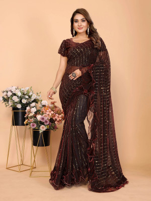 AKFABRICS Self Design Bollywood Net Saree(Maroon)