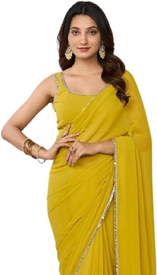 Shopaz Solid/Plain Pre Draped Saree Georgette Saree(Mustard)