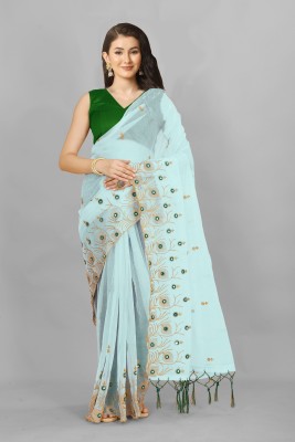 VANDU CREATION Embroidered Bollywood Supernet Saree(Blue)