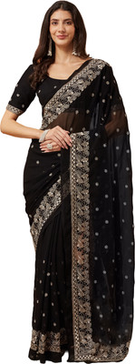 ECOLEAF Embroidered Bollywood Pure Silk Saree(Black)