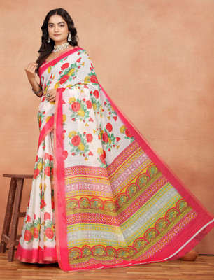 HouseOfCommon Printed Kanjivaram Pure Cotton, Cotton Linen Saree(White, Pink)