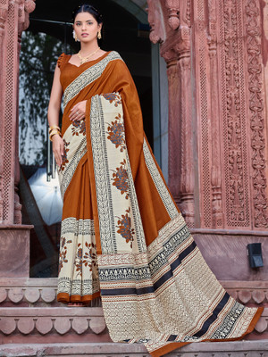Divastri Printed Bollywood Silk Blend Saree(Brown)
