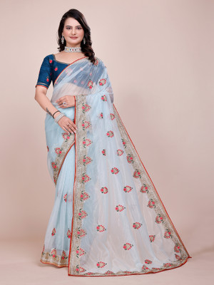 STARWOMEN Embroidered Bollywood Supernet Saree(Light Blue)