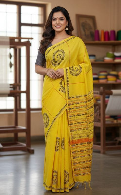 BAIBHABI Floral Print, Embroidered Kantha Pure Cotton Saree(Yellow)