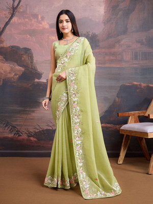 shree maruti fashion Embroidered Bollywood Organza Saree(Light Blue)
