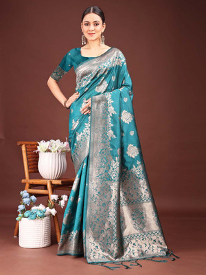 LeeliPeeri Designer Woven Banarasi Cotton Silk Saree(Blue)
