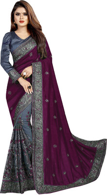 Bilvexy Embroidered Bollywood Net Saree(Purple, Grey)