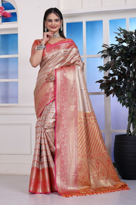 FABFIZA Woven Kanjivaram Jacquard, Cotton Blend Saree(Orange, Gold)