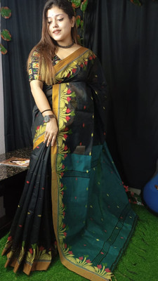 ADbutiq Self Design Tant Cotton Blend Saree(Black)
