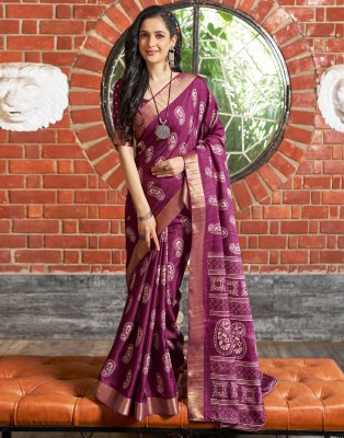 Samah Floral Print, Printed, Embellished Bollywood Silk Blend Saree(Purple, White, Yellow)